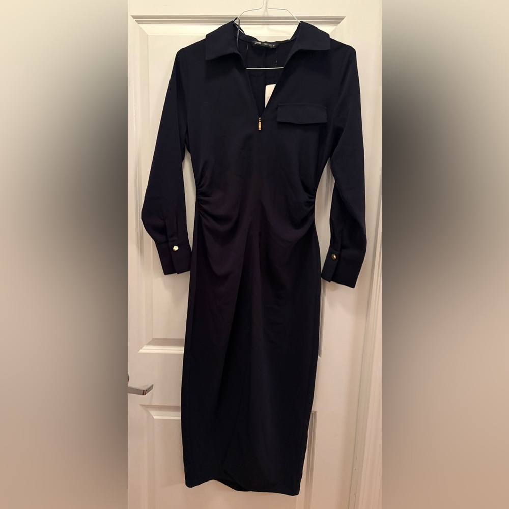 Zara Navy Zippered Shirt Midi Dress Size Small - Picture 4 of 15